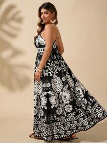 SHEIN Clasi Vestido Plus Size com Decote em V, Sem Mangas, Linha A, Casual, Férias, Floral - Multicolorido - Ver 1