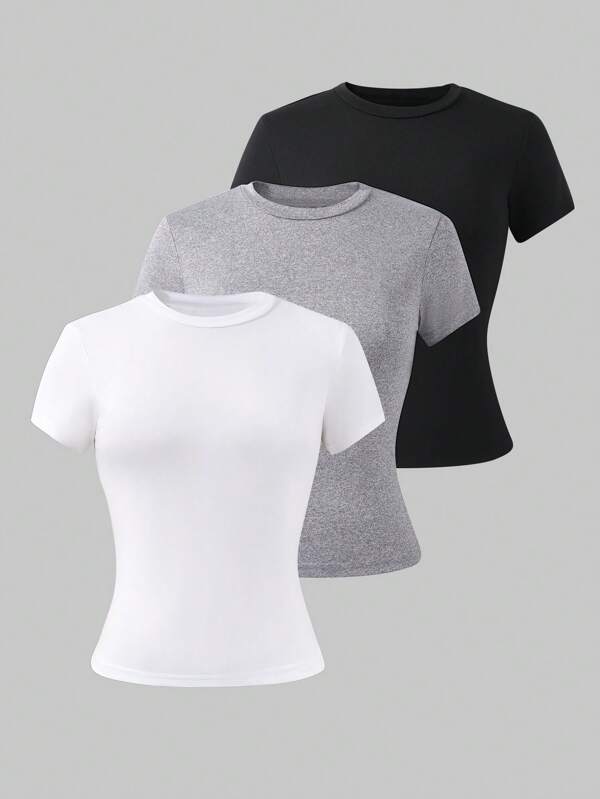 3pcs/Set Teen Girls Solid Color Crew Neck Short Sleeve T-Shirt, Suitable For Summer