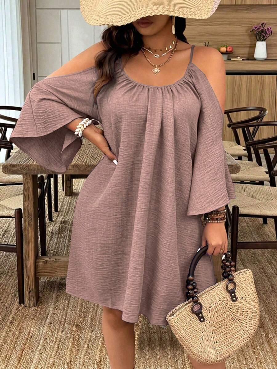 Round Neck Ruched Pleat Slit Flare 3/4 Sleeve Casual A-Line Midi Dress