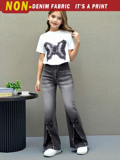 SHEIN Tween Girl Short Sleeve Crew Neck T-Shirt And Pants 2 Pieces Set, Fashionable For Summer