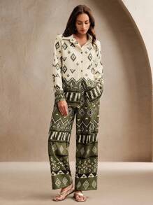 Anewsta Damen Frühling-/Sommer-Zweiteiler mit Diamantgittermuster, hochwertige Mode-Bedrucktes Top und Hose, Lässig, Festival, Urlaub, Feiertag