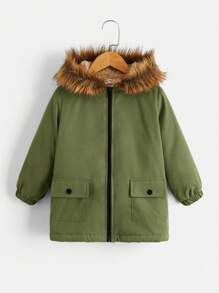 SHEIN 男小童毛絨內襯毛茸邊連帽外套