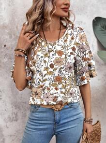 EMERY ROSE Women's Casual Loose Double Layer Ruffle Hem Short Sleeve V-Neck T-Shirt, Suitable For Summer Suitable For Going Out - Multicolor - View 4