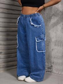 SHEIN SXY Plus Size Women Distressed Pocket Decoration Straight Leg Baggy Jeans Summer For Women Festival