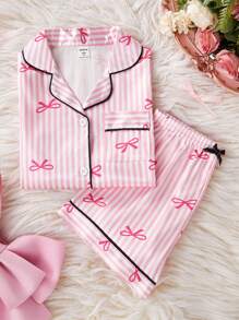 Young Girl Pajamas Pink Bow Striped Satin-Like Trim Colorblock Short Sleeve & Shorts Nightwear Set, Fashion Lapel Casual Homewear Back To School Fashion