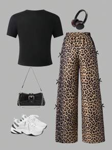 SHEIN Explorewe 女童豹纹蝴蝶结字母图案两件套宽松上衣和裤子套装