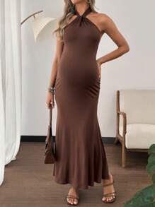 SHEIN Pregnant Women Solid Color Fish Tail Hem Fitted Elegant Halter Neck Dress Maternity Dress
