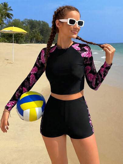 SHEIN Conjunto de traje de baño con top de manga raglán y shorts con estampado de plantas tropicales para niñas adolescentes