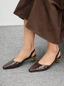 CUCCOO BIZCHIC Brown Textured Stone Pattern Women's Square Toe Electroplated Heel Fashion Pumps - Brown - View 4