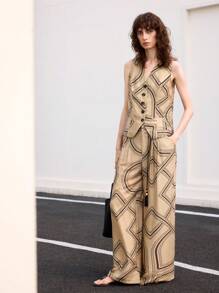 Ontre 卡其色几何印花休闲宽松全印花纹理时尚流苏抽绳口袋长裤，秋冬夏季 - 彩色 - 查看 3