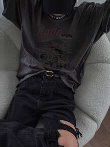 DAZY 女士宽松图案T恤，夏季时尚 - 灰色 - 查看 2