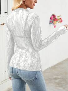 SHEIN Tall Women's Country Cowgirl Casual Vacation Black Embroidered Lace Sheer Long Sleeve Top, Summer Fall Cloth For Women - White - View 2