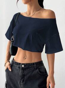 Flirla Áo thun nữ tay ngắn màu trắng, dáng rộng, không đối xứng vai, tua rua, phong cách đường phố Y2K đa năng, thích hợp cho mùa xuân/hè. - Màu xanh hải quân - Xem 4