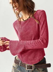 Bohemela BOHO Vacation Solid Color Knit Round Neck Flare Sleeve Fitted Regular Women T-Shirt