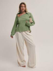 MUSERA Blusa asimétrica de manga larga con botones y cuello asimétrico en talla grande para cita nocturna, noche de chicas, sexy, elegante, club, fiesta, vacaciones, ocasiones, invitada de boda
