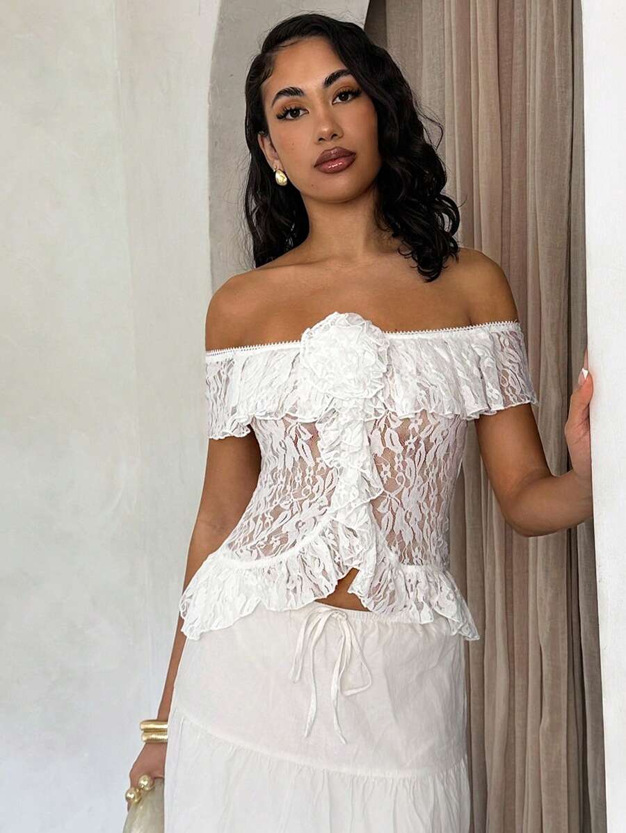 Glamine Sexy Romantic Lace Off Shoulder Ruffle Sheer Blouse, Perfect For Garden Party, Sisters Gathering, Spring Outing, Summer Vacation - White - View 1