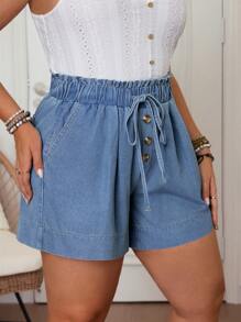 EMERY ROSE Plus Size Summer Casual Drawstring Waist Slant Pocket Denim Shorts - Blue - View 3