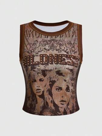 Grunge Punk Débardeur vintage à imprimé figuratif avec ornements de strass, mode d'été Kpop pour femmes
