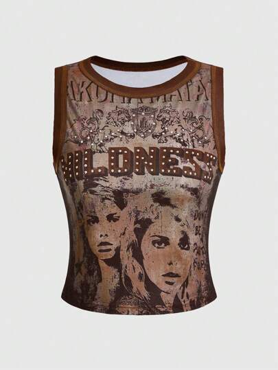 Grunge Punk Camiseta de tirantes con estampado de figura vintage y adornada con rhinestones para mujer