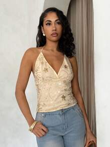 Glamine Women's Solid Color Spaghetti Strap Backless Sexy Sequin Camisole Top - Silver - View 4