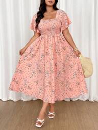 Celure Plus Size Women Square Neck Pleated Ditsy Floral Dress Maxi Women Outfit