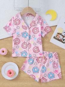 Set de 2 piezas de top de manga corta con estampado de donut y pantalones cortos holgados casuales para niña joven, ropa de estar en casa - Rosa Pálido - Ver 5
