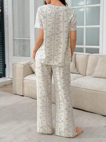 Snug Zone Wisteria Floral Lace Patchwork Semi-Sheer Shoulder Off Short Sleeve Pajama Set - Apricot - View 2