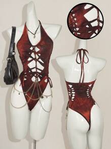 SHEIN ICON Coachella Beaded Summer Outfits For Women Boho Vacation  Country Concert Outfit  Tie-Dye Cross-Back Halter Neck Woven Chain Decor Bodysuit