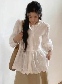 DAZY Women/Teen's Casual Solid Color Ruffle Hem Long Sleeve Blouse Fall