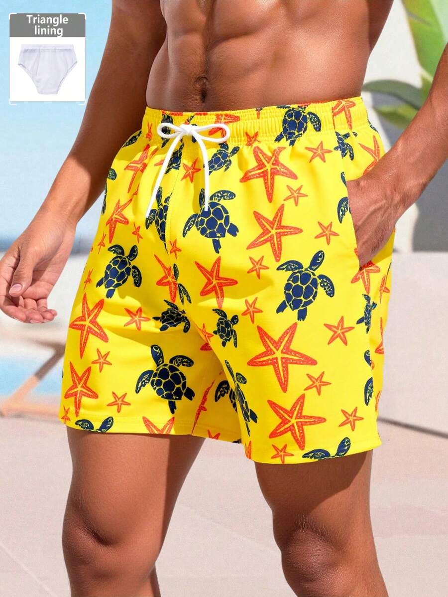Manfinity Swimmode Men's Starfish & Turtle Print Drawstring Waist Pocket Beach Shorts Men Swim Trunks,Hawaiian - Yellow - View 1
