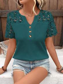 EMERY ROSE Camiseta minimalista de unicolor versátil para mujer - Agua verde azul - Ver 3