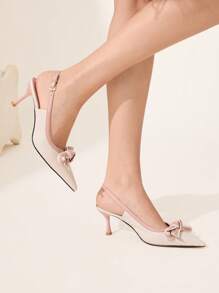 CUCCOO CHICEST 女士尖头拼色蝴蝶结高跟鞋，优雅小猫跟鞋，适合工作、约会、下午茶，仿皮革，粉色和米色