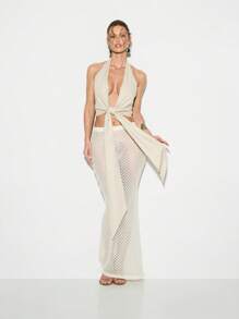 KIZN 露背系带前短款上衣吊带背心度假海滩夏季无袖度假防晒上衣裹身式晚会舞蹈俱乐部服装沙色 - 杏色 - 查看 1