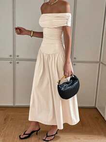 Siren Gaze 女式纯色露肩收腰连衣裙，简约时尚，夏季 - 杏色 - 查看 2