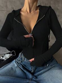 DAZY 女式户外风格修身连帽 T 恤，带拉链细节，秋季服装长袖女式上衣 - 黑色 - 查看 4