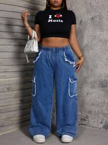 SHEIN SXY Plus Size Women Distressed Pocket Decoration Straight Leg Baggy Jeans Summer For Women Festival