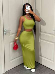 BamGleam 2 Stücke/Set Damen einfarbiges ärmelloses Top und figurbetonte Maxirock - Olivgrün - Übersicht 1