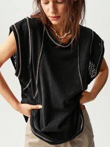 Bohemela Plus Size Casual Loose Solid Color Washed Knit Crew Neck T-Shirt, Summer