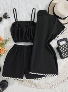 Set de 3 piezas para adolescentes, que incluye: Camisa de manga corta casual de verano, top con tirantes ajustables y shorts minimalistas