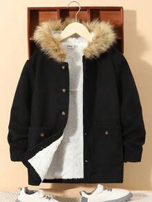 SHEIN Tween Boy Fuzzy Trim Hooded Thermal Lined Overcoat - Black - View 1