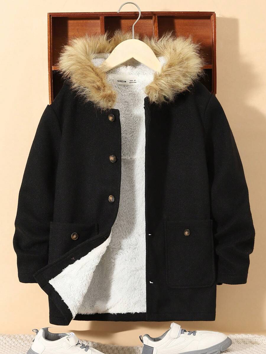 SHEIN Tween Boy Fuzzy Trim Hooded Thermal Lined Overcoat - Black - View 1