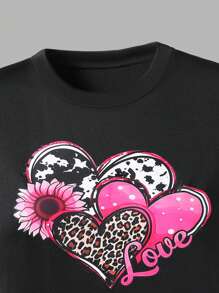SHEIN Conjunto de camiseta suelta de color rosa rojo con corazón + leggings versátil y casual para fiesta del Día de San Valentín para niña preadolescente