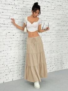 SHEIN EZwear Women's Casual Solid Color Textured Skirt For Summer - Khaki - View 5