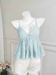 Elamini Women's Summer Solid Color Texture Ruffle Hem Camisole - Baby Blue - View 3