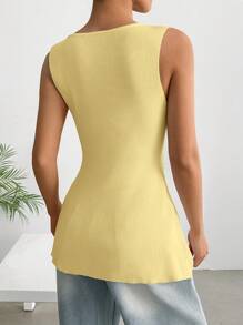 SHEIN EZwear Áo len dệt kim đơn sắc không tay cổ tròn đơn hàng nút đơn giản dành cho nữ - Màu vàng - Xem 2