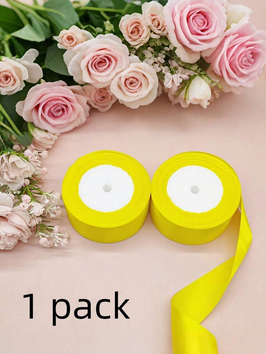 SHEIN 1roll Satin Ribbon(22 Meters/Roll),Double Faced Satin Ribbon For DIY Rose Decor, Gift Wrapping - Wedding Party Bow Ribbon For Table Chair Decoration, Flower Door, Gift Box, Cake Decor, Apparel Accessories, Weaving ,Creates Elegant Festive Atmosphere,Bow Ribbon(0.6/1/1.5/2/2.5/4/5 Cm Width) - Yellow - View 1