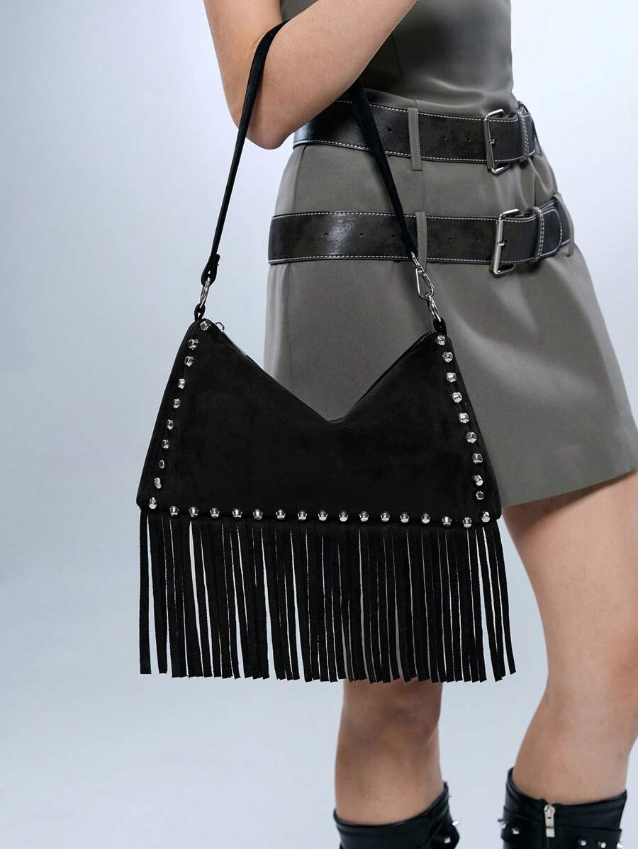 SHECARRY Studded Tassel Punk Style Women Shoulder Bag - Black - View 1