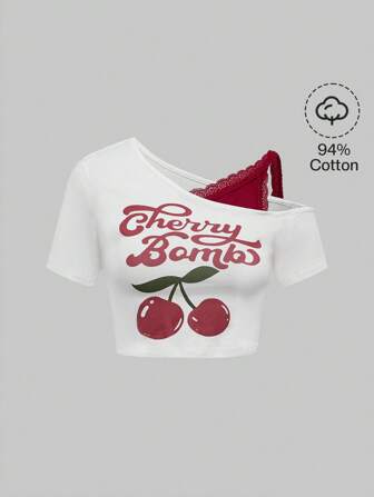 Kawaii Tee-shirt en dentelle 2 en 1 à imprimé cerises et à épaule oblique, pour la Saint-Valentin pour femmes