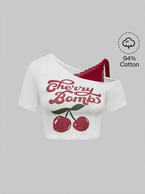 ROMWE Kawaii Women's Valentine's Day Oblique Shoulder 2 In 1 Lace Fabric Cherry Print Cute T-Shirt
