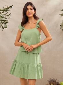 WESTFADE Sage Green 100% Cotton Gauze Two Pieces Summer Casual Vacation Holiday Outfit,Square Neck Ruffle Flutter Sleeve Top & High Waist Tiered Mini Skirt - Green - View 5